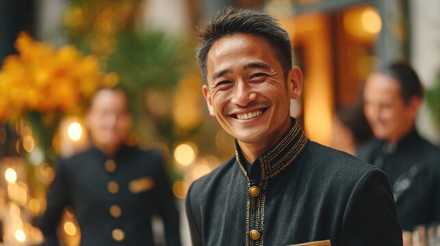 Smiling Hotel Staff Member in Elegant Uniform at Event Venue