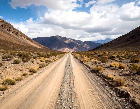 Desert road winding through mountains under a partly cloudy sky - Powered by Adobe
