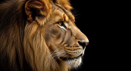 Noble King: A Majestic Lion's Profile with a Golden Gaze Against Darkness.