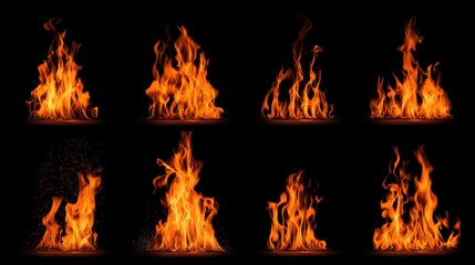 Collection of realistic burning fire flames isolated on black background. Perfect for overlays, design, energy, danger, or hot fiery concept