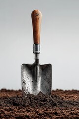 Metal garden shovel with wooden handle stuck in soil on white background, symbolizing gardening, farming, labor, and agriculture