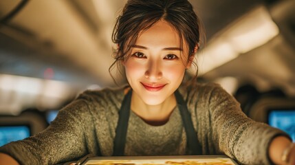 Smiling Woman Offering Food on Airplane with Cozy Background Lighting