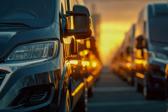 Black vans parked in parallel rows with glowing reflections during a golden hour sunset on an empty street creating a warm and symmetrical urban composition