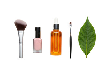 Flat lay of beauty products and a fall leaf, isolated on a transparent background.

