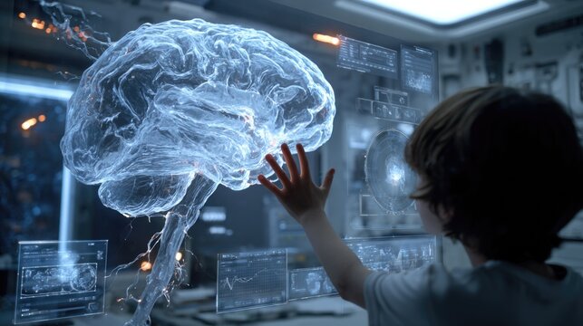 Child Interacting with Digital Brain Display in Futuristic Setting - Powered by Adobe