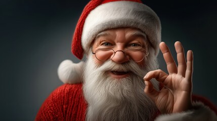 Cheerful Santa Claus in red suit and hat, smiling with glasses and showing OK gesture, festive Christmas portrait on dark background with joyful expression