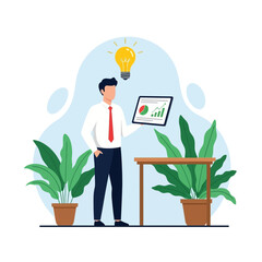 Man holding tablet with growth chart and lightbulb above, idea concept