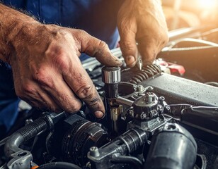 Close-up of greasy hands working on engine parts under warm lighting