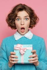 Surprised young woman with wide eyes holding a pastel blue gift box tied with pink ribbon, standing against pink background, expressing shock and joy