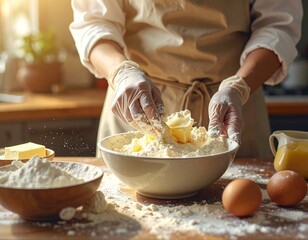 Fototapeta premium Gloved hands kneading butter and flour mixture in a bowl, with baking ingredients nearby