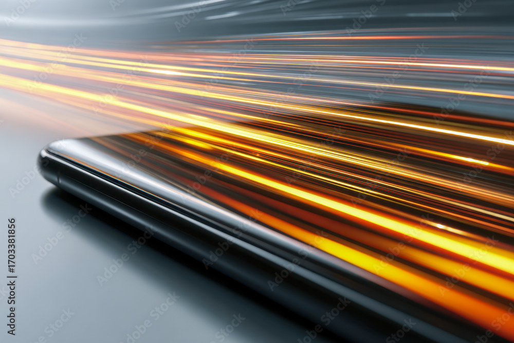 Aufkleber close-up of a smartphone with dynamic glowing light trails symbolizing fast data transfer and advanc