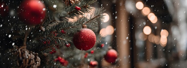 Red Baubles on a Christmas Tree
