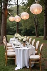 Fototapeta premium A wedding table set outdoors with elegant plates and glassware, surrounded by tall trees and hanging paper lanterns. The ground is covered with soft grass