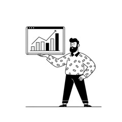 Man holding a laptop displaying a growing business graph