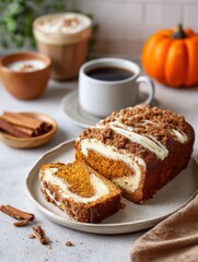 Pumpkin cream cheese loaf cake with coffee and spices on table in autumn setting.