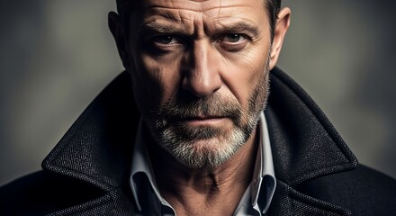Obraz premium Intense Portrait of a Rugged Middle-Aged Man with a Beard.