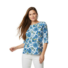 Woman in a white floral top with bell sleeves, isolated on a transparent background.


