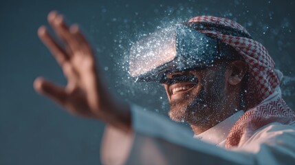 Man Enjoying Virtual Reality Experience with Futuristic Visual Effects