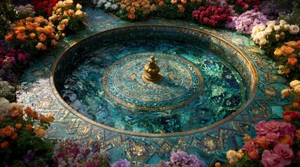Ornamental garden fountain with flowers