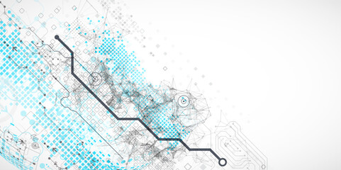 Abstract technology concept. Used blue squares, tech lines and plexus effect. Vector illustration.