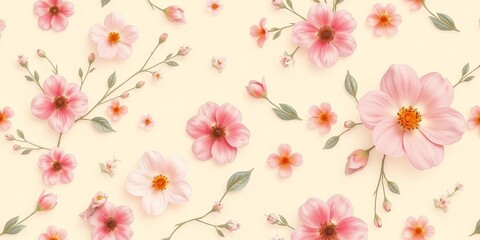 Fototapeta premium Delicate, continuous blooming floral pattern in pastel hues on a creamy beige backdrop, summer, romantic