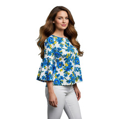 Woman in a white floral top with bell sleeves, isolated on a transparent background.

