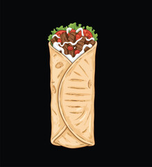 Detailed Hand-Drawn Shawarma Kebab Wrap Vector Illustration for Restaurant Menus and Fast Food Branding