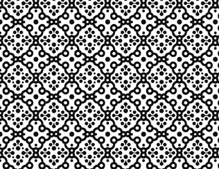 Intricate Black and White Design: A symmetrical geometric pattern, created with precisely arranged dots and interconnected lines, forms an elegant repeating design suitable for various applications.