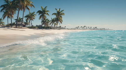 Escape to paradise with this stunning tropical beach scene featuring crystal clear water and swaying palm trees