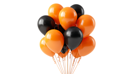A bunch of orange and black balloons isolated on transparent background