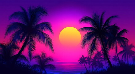 Fototapeta premium Vibrant sunset casts purple and pink hues over silhouettes of palm trees along a serene tropical beach.