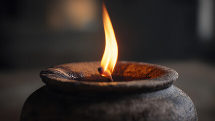 Rustic clay oil lamp with burning flame in darkness