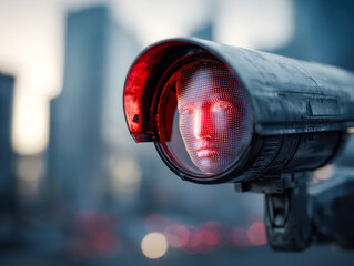 A futuristic security camera with a digital human face display in an urban setting