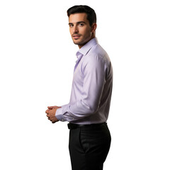 Handsome man in a dress shirt looking over his shoulder, isolated on a transparent background.

