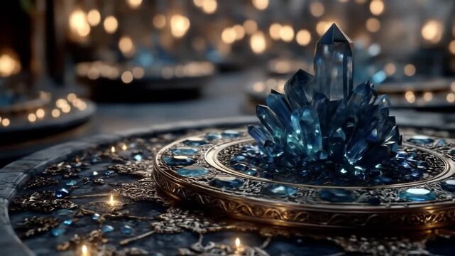 Crystals on ornate tabletop