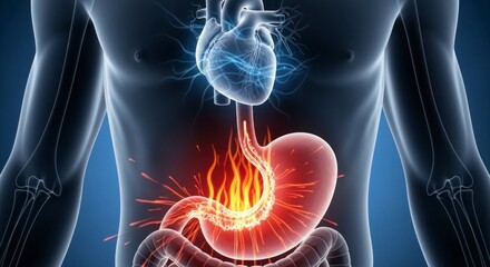 Fiery Heartburn and Electric Heart: Medical Illustration of Acid Reflux and Anxiety