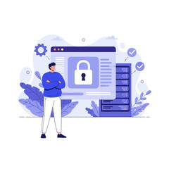 Man standing near computer screen with padlock icon and server rack
