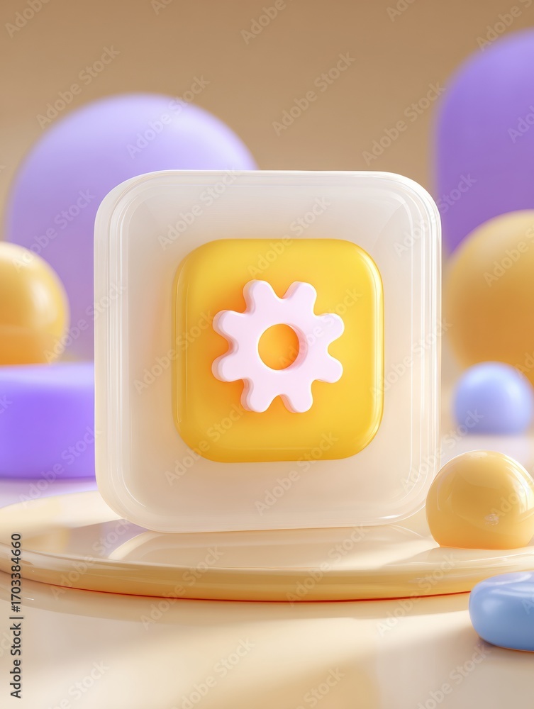 Poster colorful abstract shapes and a gear icon create a playful atmosphere in a minimalist setting