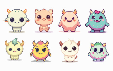 Obraz premium Pastel Pixel Baby Monsters with 8 Cute Cartoon Creatures