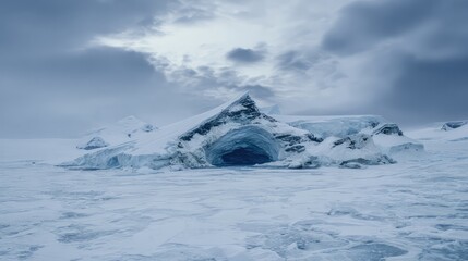 A vast Antarctic glacier with a massive, geometric blue void in the ice, under a troubled, melancholic sky.