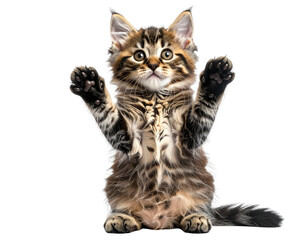 Fototapeta premium Adorable Tabby Kitten Begging with Raised Paws, Front View, Isolated