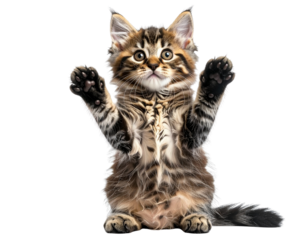 Adorable Tabby Kitten Begging with Raised Paws, Front View, Isolated