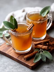 Hot apple tea with cinnamon and spices on rustic wooden table background. Spiced Apple Cider Recipe, concept of autumn beverage