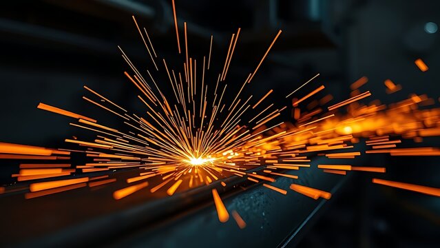 Abstract close-up of orange sparks radiating from an industrial metal surface.