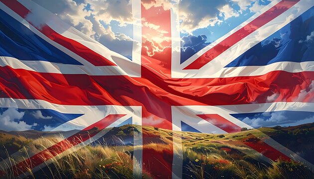 Flag of the UK over a mountain landscape - Powered by Adobe