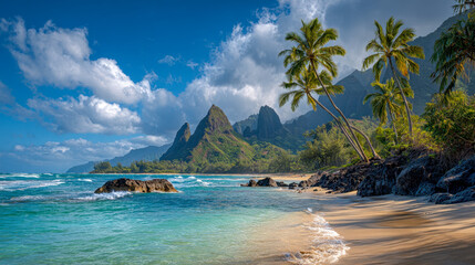 Serene tropical beach with crystal clear turquoise waters, palm trees leaning over sandy shore, and dramatic rugged mountain peaks under a partly cloudy sky