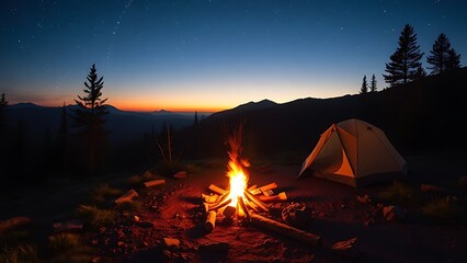 Wilderness campsite at dusk with a glowing fire under a starry night sky, evoking outdoor adventure.