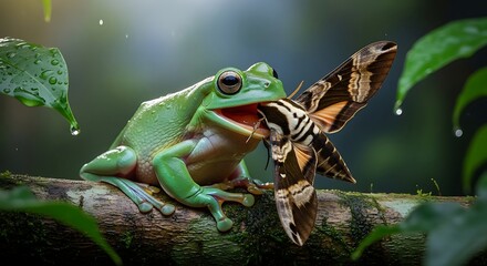 Fototapeta premium Green Tree Frog Eating Moth in Rain.
