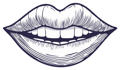 Naklejka premium Detailed Engraved Artwork of Human Lips and Bright White Teeth Smiling Broadly