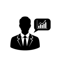 Silhouette of a businessman with a speech bubble showing a growing graph
